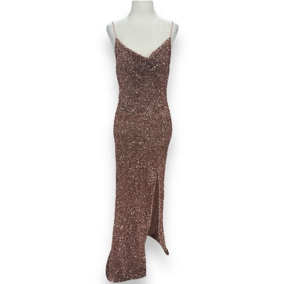 Alice + Olivia Diana Sequined Cowl Neck Slit Gown Antique Rose Pink Dress Size 0 - Picture 2 of 15